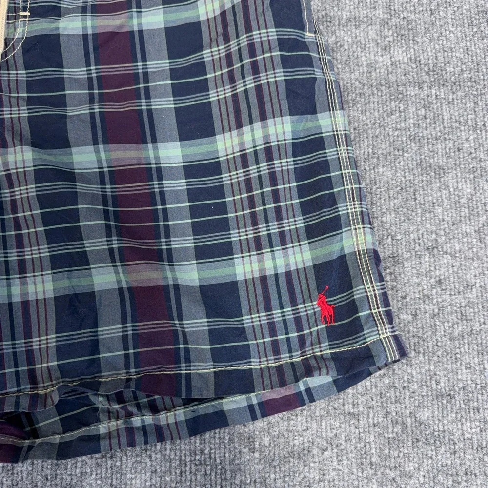Vintage Polo Ralph Lauren Swim Trunks Mens Large Navy Blue Plaid Beach Swimwear